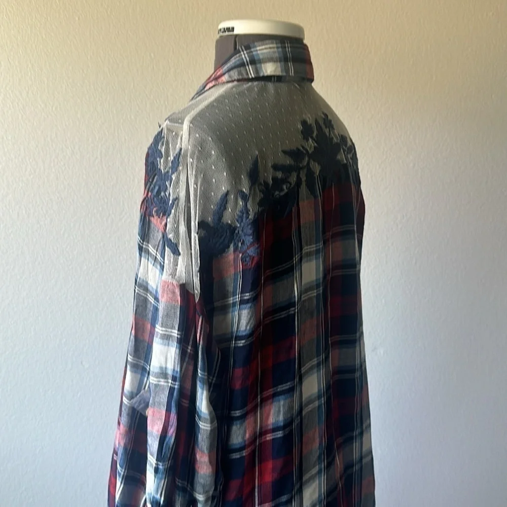 NWT DEX dress plaid lace sheer red blue medium oversized boyfriend style